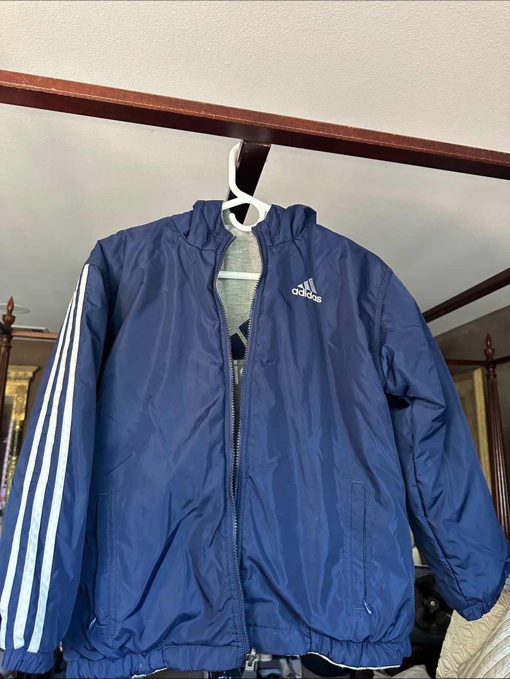 Adidas Reversible Navy Blue Puffer Jacket with White Stripes